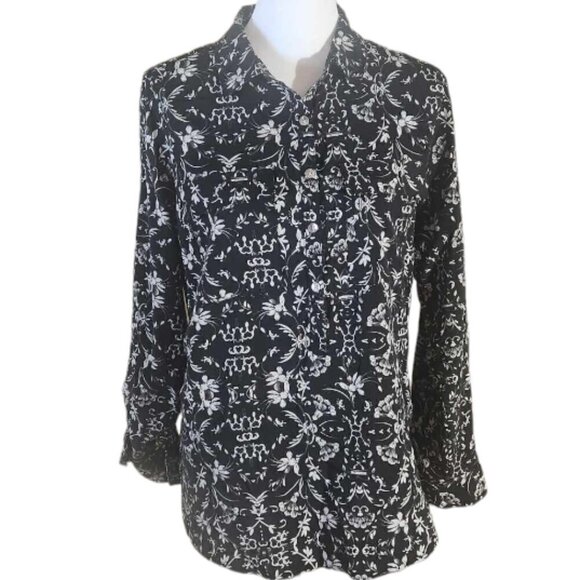Croft & Borrow Roll Tab Long Sleeve Button Down Damask Pattern Top Size M - Picture 3 of 8
